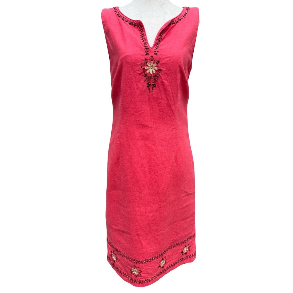 Sag Harbor Linen Blend Coastal Beachy Embroidered Sheath Dress Artsy Boho Pink *